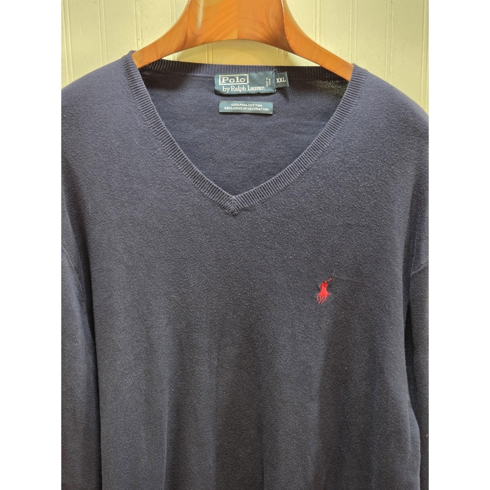 Polo Ralph Lauren Sweater Mens 2XL Blue Pima Cotton V Neck Knit Pullover Logo